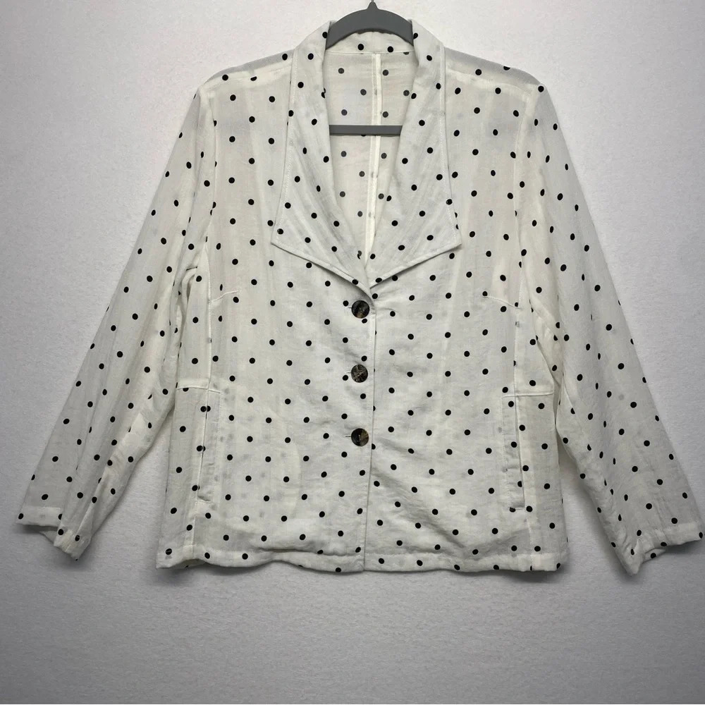 Fridaze 100% Linen Blazer Jacket Polka Dot White Lagenlook Art to Wear M‎